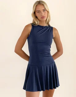 Motel Rocks Day Dresses | Mini Dresses-Maisha Open Back Bow Mini Dress in Slinky Navy