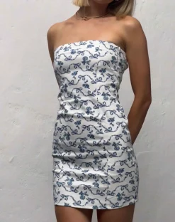 Motel Rocks Bodycon Dresses | Mini Dresses-Majken Mini Tie Back Dress in a Blue and White Ribbon Print