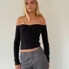 Motel Rocks Basic Tops | Long Sleeve Tops-Makena Bardot Jumper in Brushed Black