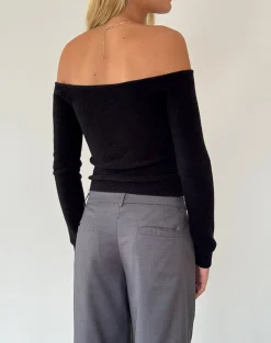 Motel Rocks Basic Tops | Long Sleeve Tops-Makena Bardot Jumper in Brushed Black
