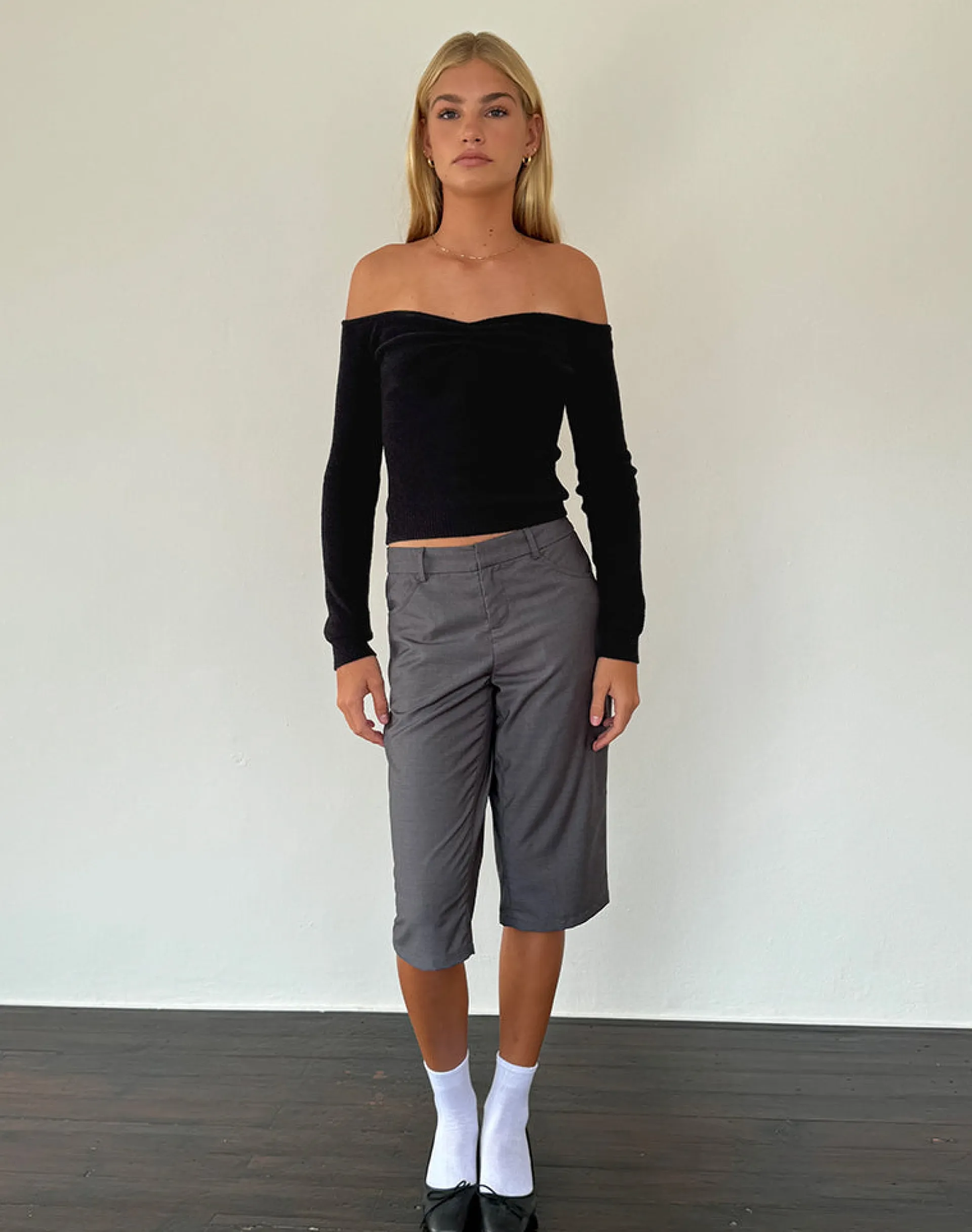 Motel Rocks Basic Tops | Long Sleeve Tops-Makena Bardot Jumper in Brushed Black