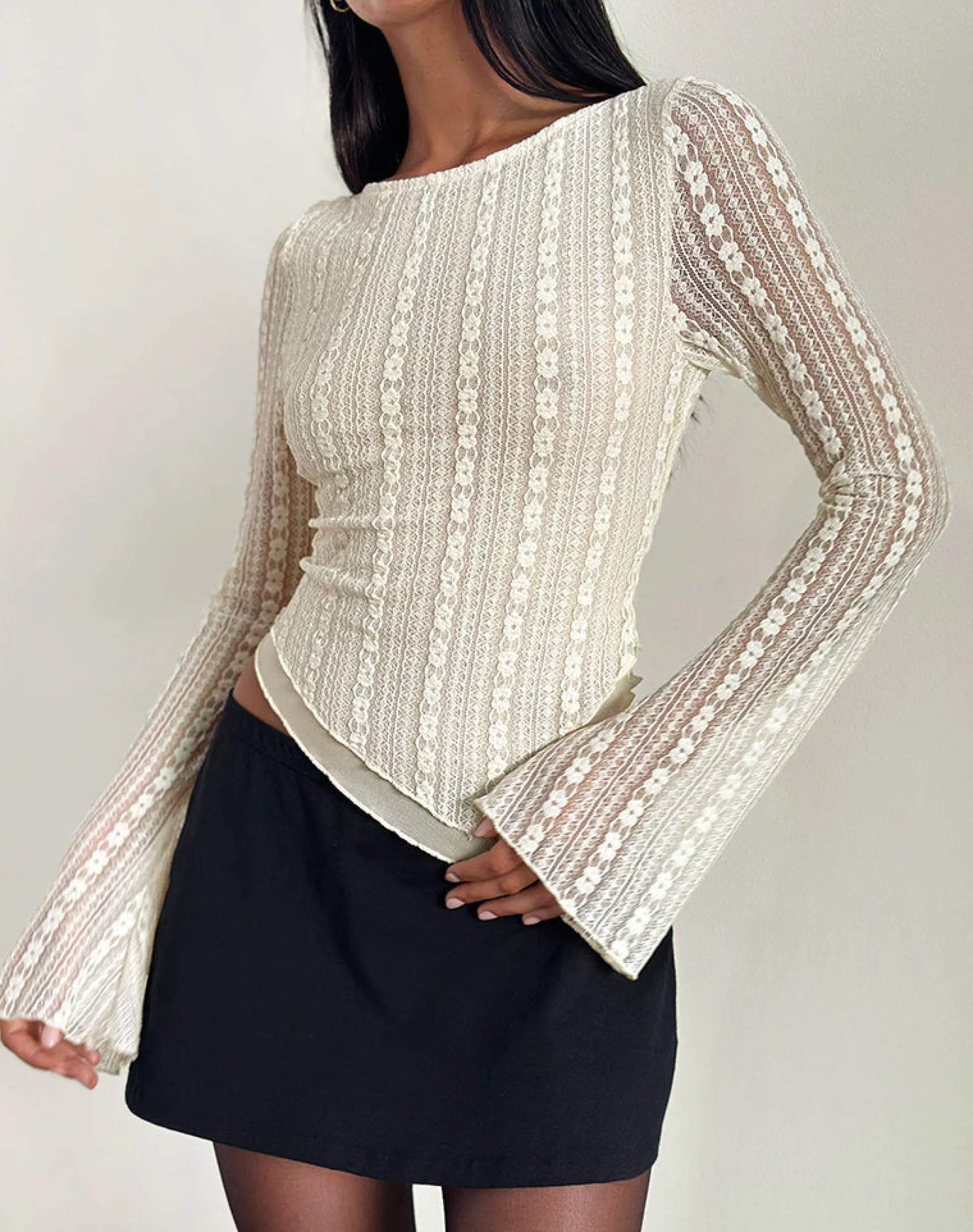Motel Rocks Printed Tops | Long Sleeve Tops-Malakai Long Sleeve Top in Lace Ivory LaceIvory