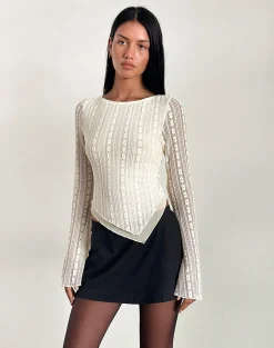 Motel Rocks Printed Tops | Long Sleeve Tops-Malakai Long Sleeve Top in Lace Ivory LaceIvory