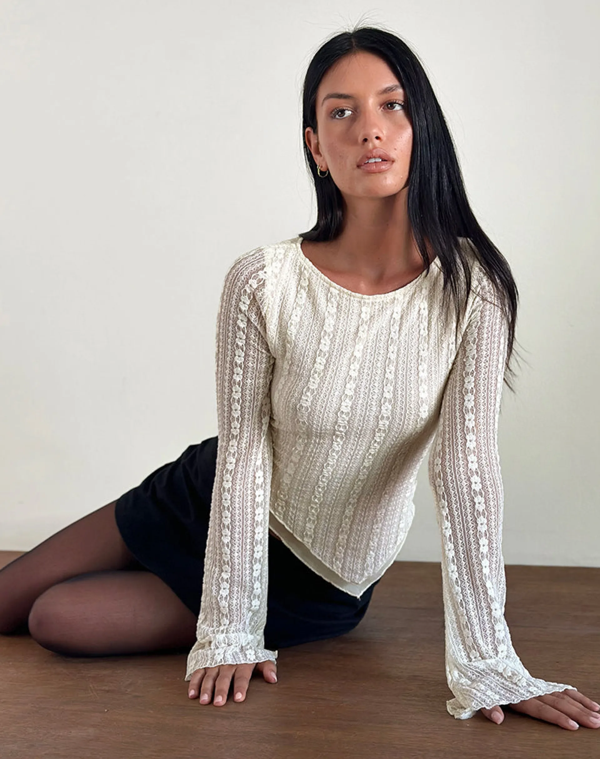 Motel Rocks Printed Tops | Long Sleeve Tops-Malakai Long Sleeve Top in Lace Ivory LaceIvory