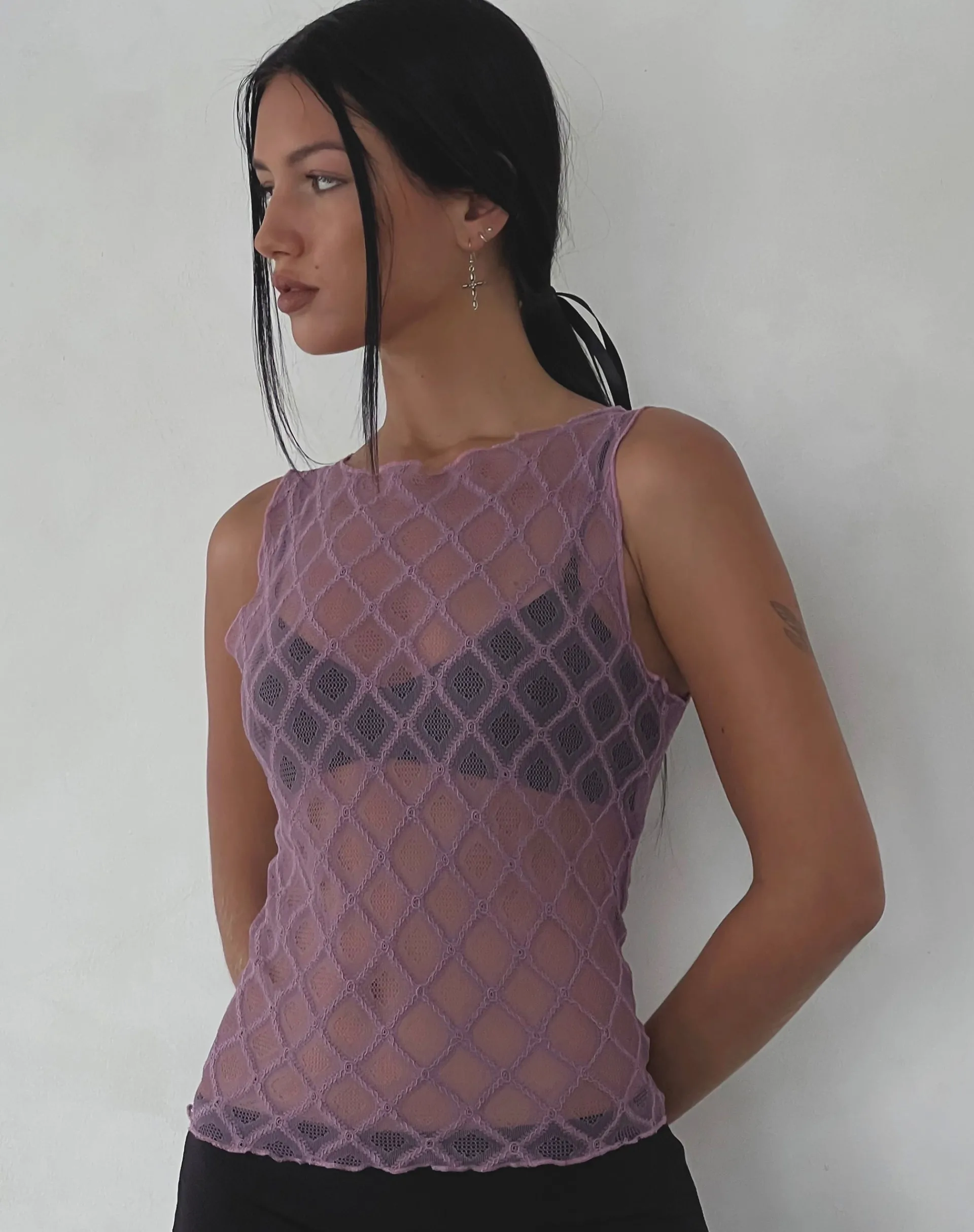 Motel Rocks Vest Tops | Lace Tops-Maloe Lace Patterned Tank Top in mauve