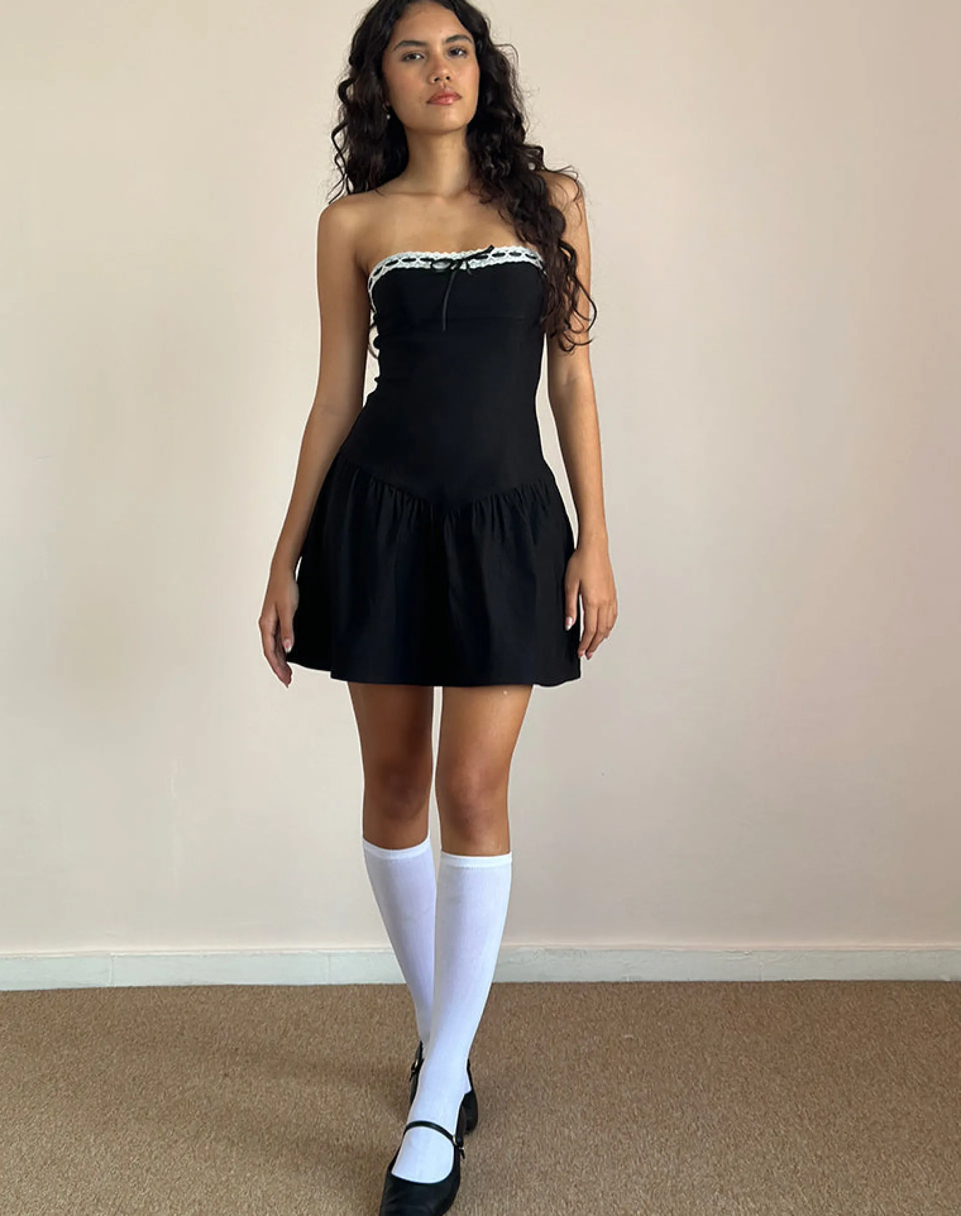 Motel Rocks Bandeau Dresses | Little Black Dresses-Manisha Mini Dress in Black with White Trim