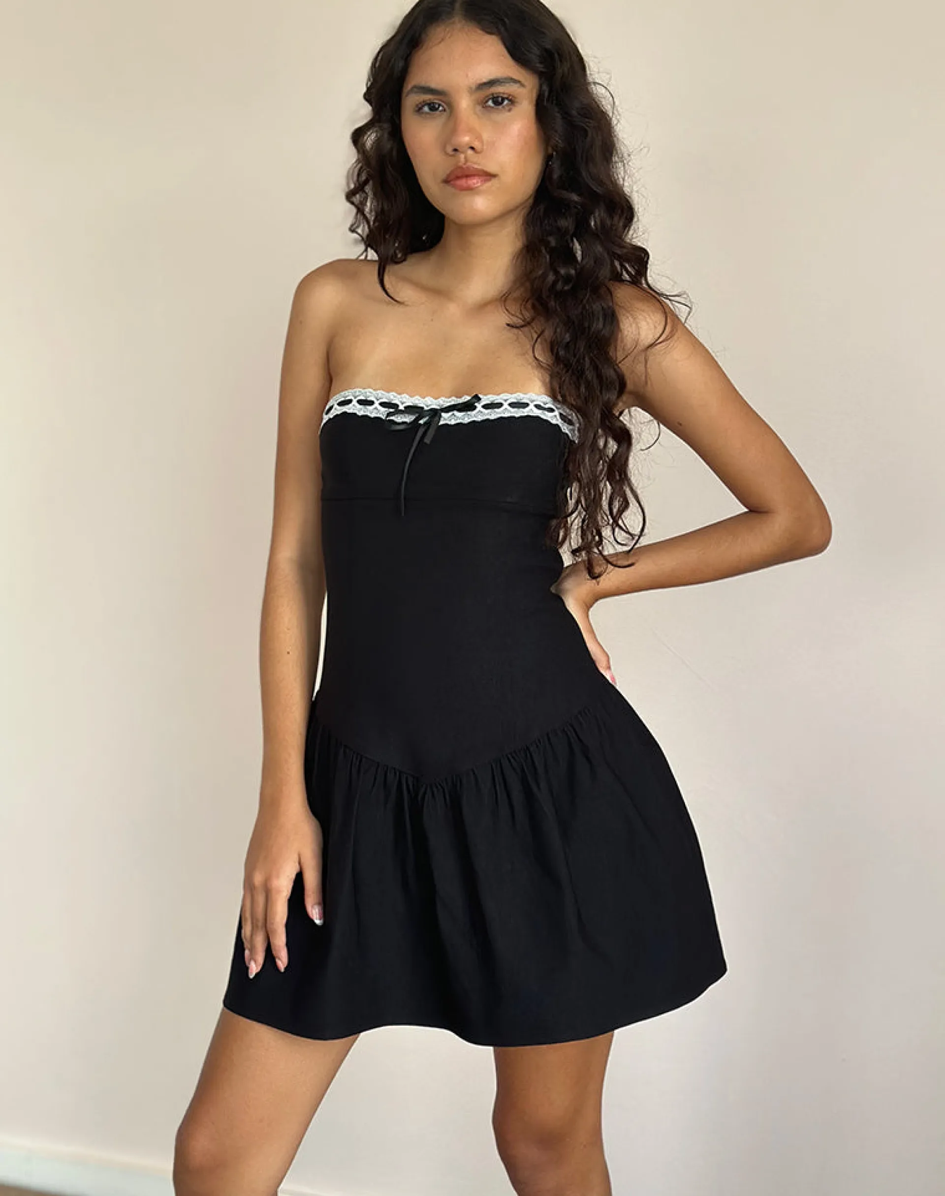 Motel Rocks Bandeau Dresses | Little Black Dresses-Manisha Mini Dress in Black with White Trim