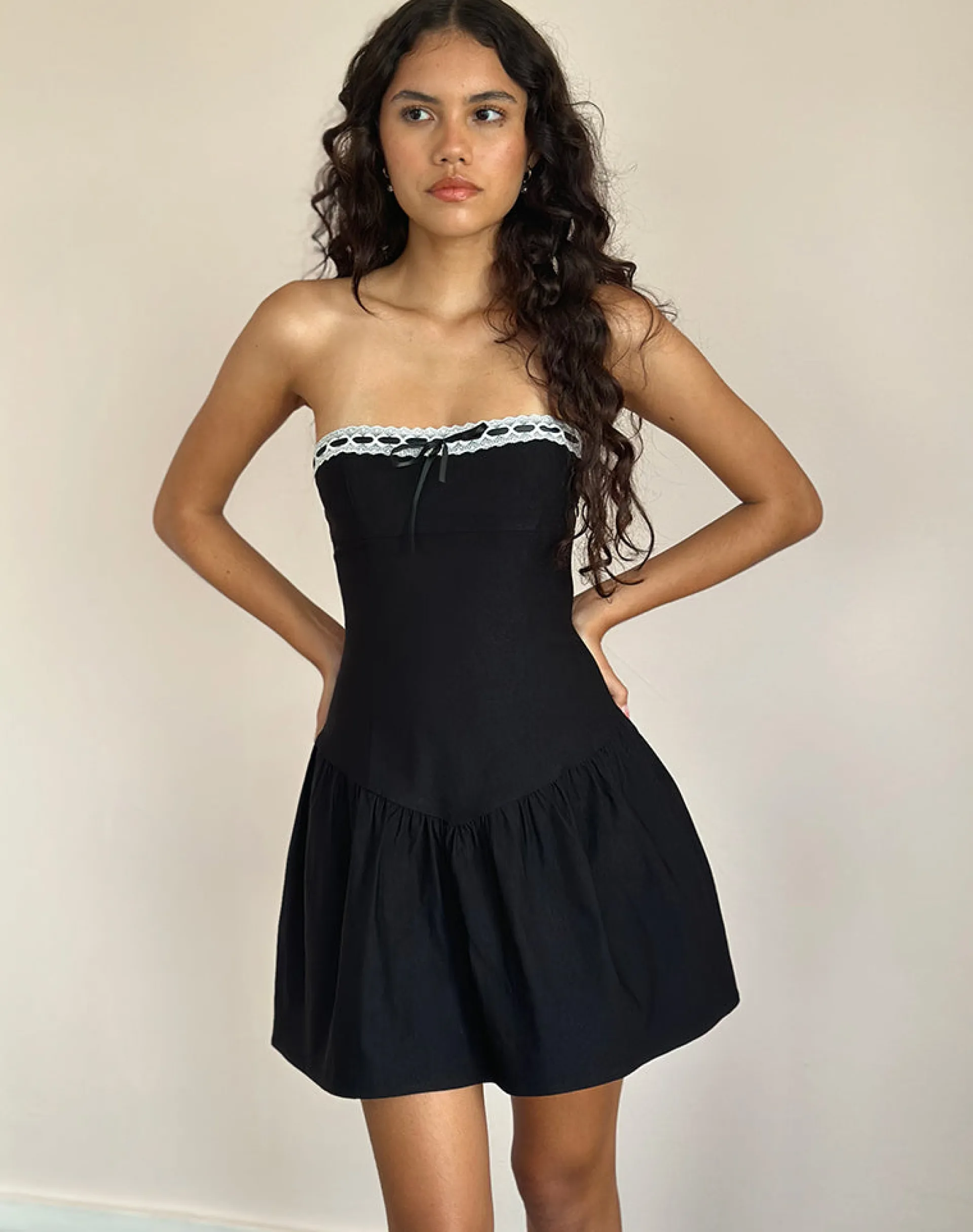 Motel Rocks Bandeau Dresses | Little Black Dresses-Manisha Mini Dress in Black with White Trim