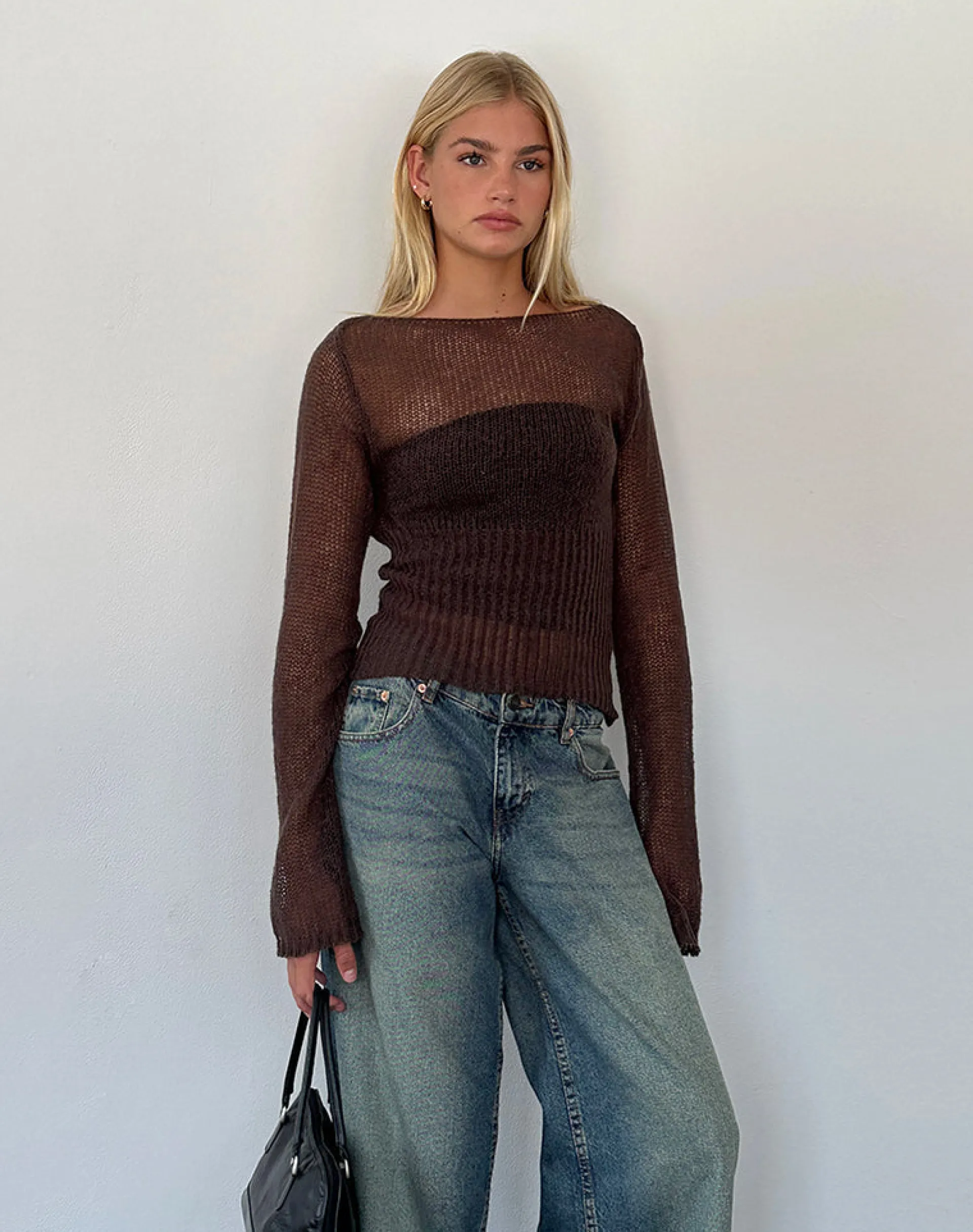 Motel Rocks Long Sleeve Tops-Manon Long Sleeve Sheer Knit Top in Chocolate Brown