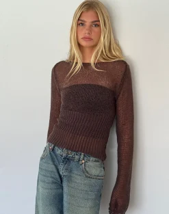 Motel Rocks Long Sleeve Tops-Manon Long Sleeve Sheer Knit Top in Chocolate Brown