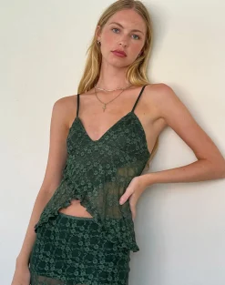 Motel Rocks Co-Ords | Printed Tops-Manora Cami Top in Sage Canina Rose Lace