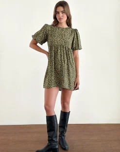 Motel Rocks Printed Dresses | Mini Dresses-Marate Puff Sleeve Mini Dress in Grunge Floral Khaki GrungeFloralKhaki