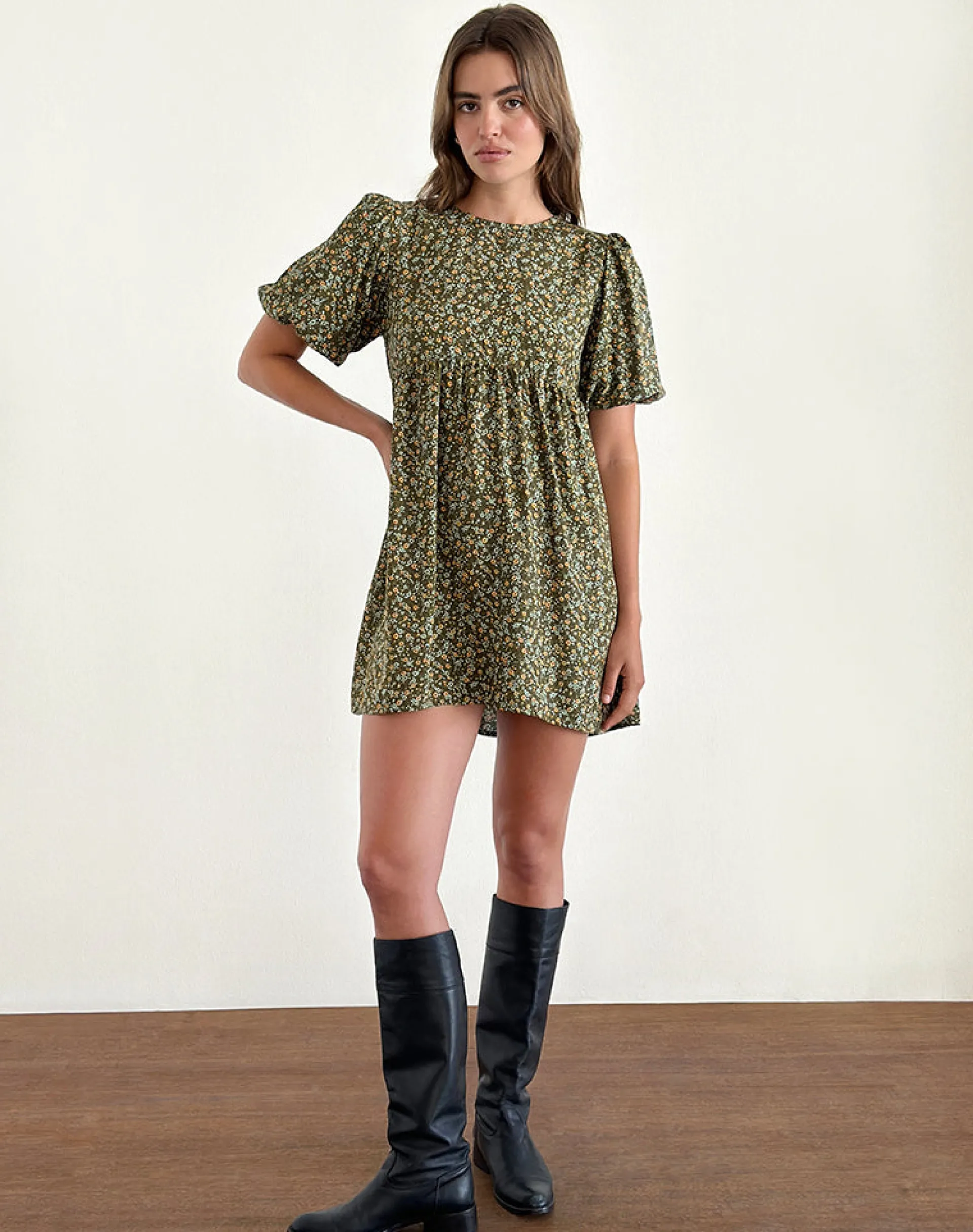 Motel Rocks Printed Dresses | Mini Dresses-Marate Puff Sleeve Mini Dress in Grunge Floral Khaki GrungeFloralKhaki