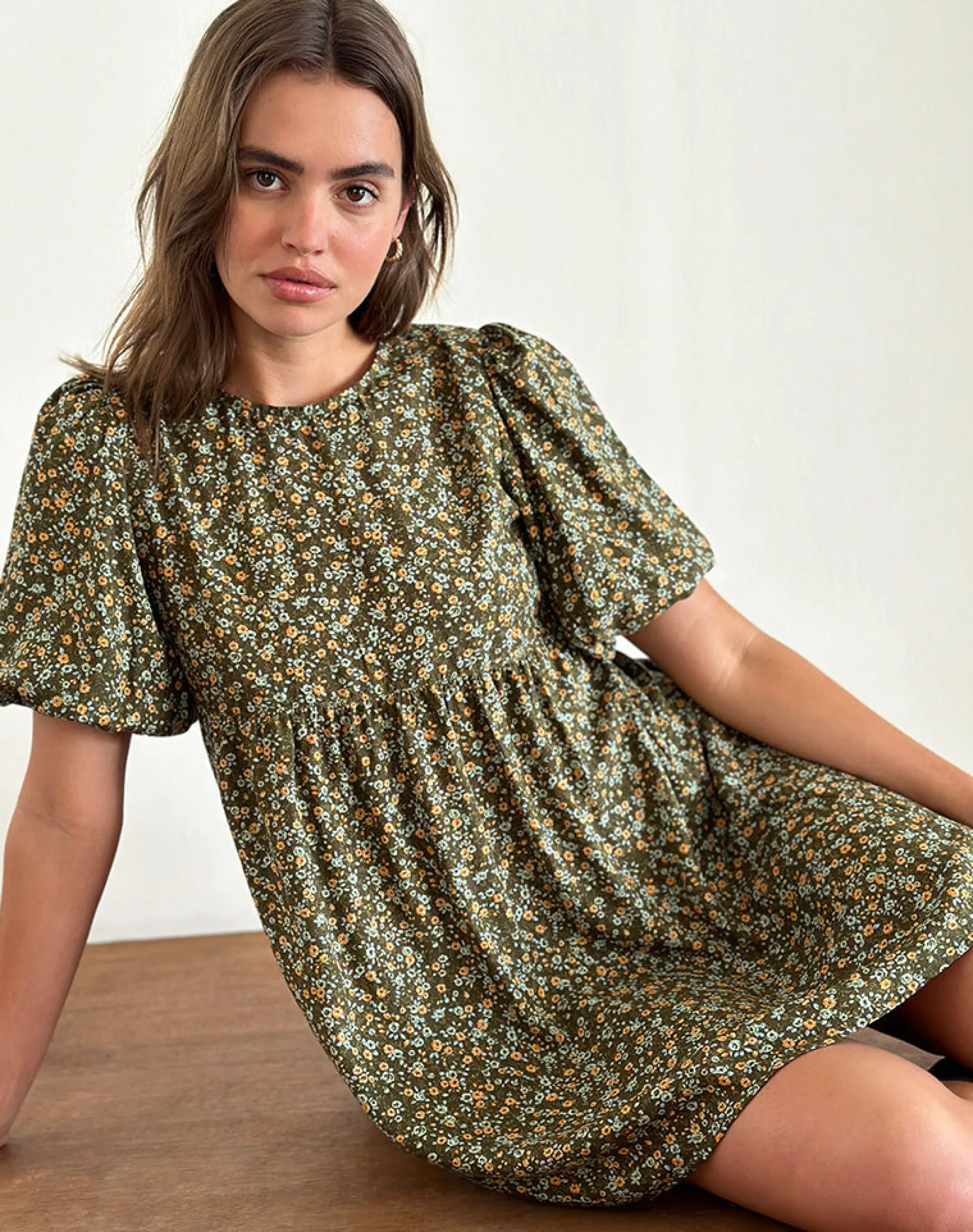 Motel Rocks Printed Dresses | Mini Dresses-Marate Puff Sleeve Mini Dress in Grunge Floral Khaki GrungeFloralKhaki