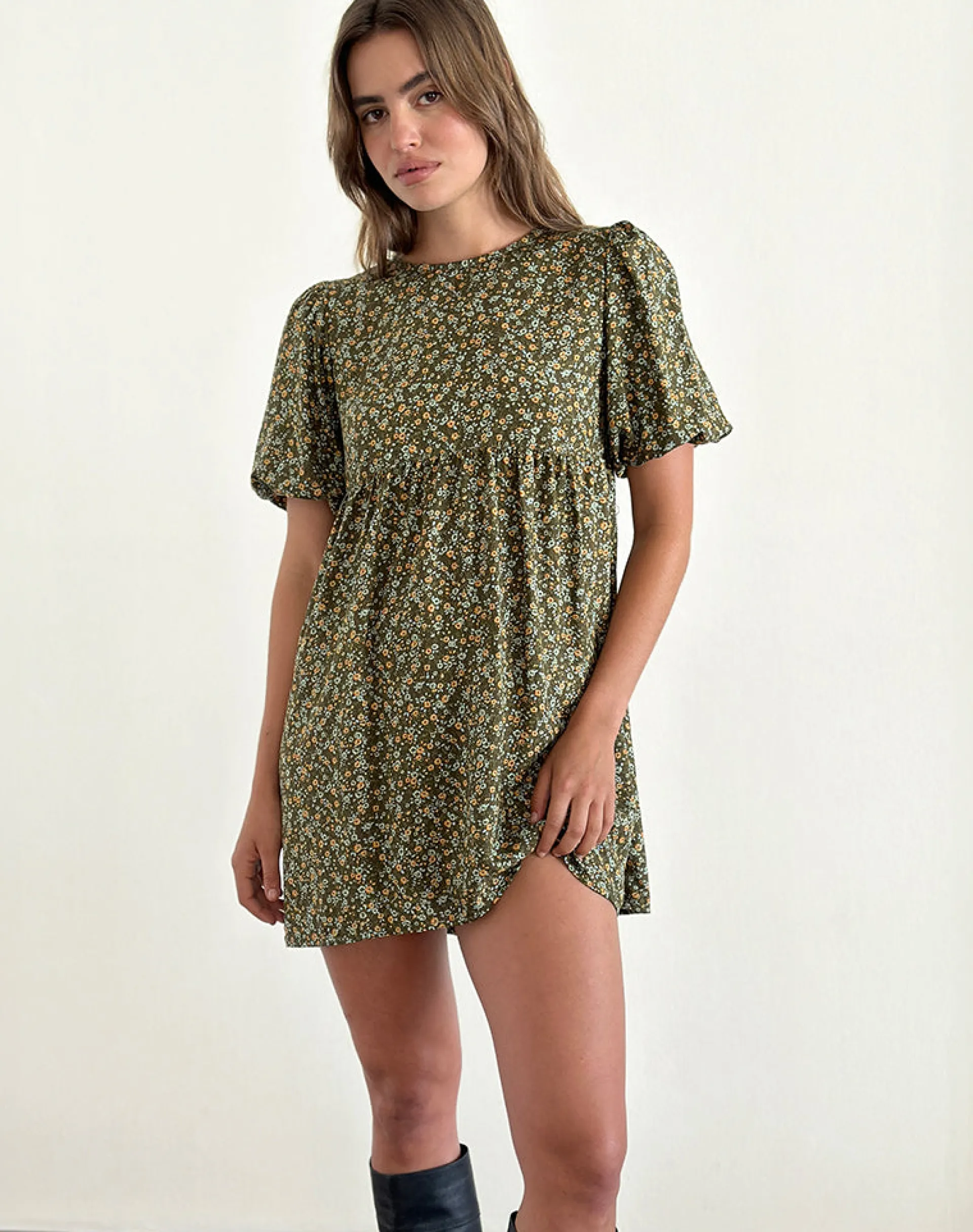 Motel Rocks Printed Dresses | Mini Dresses-Marate Puff Sleeve Mini Dress in Grunge Floral Khaki GrungeFloralKhaki