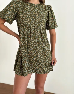 Motel Rocks Printed Dresses | Mini Dresses-Marate Puff Sleeve Mini Dress in Grunge Floral Khaki GrungeFloralKhaki