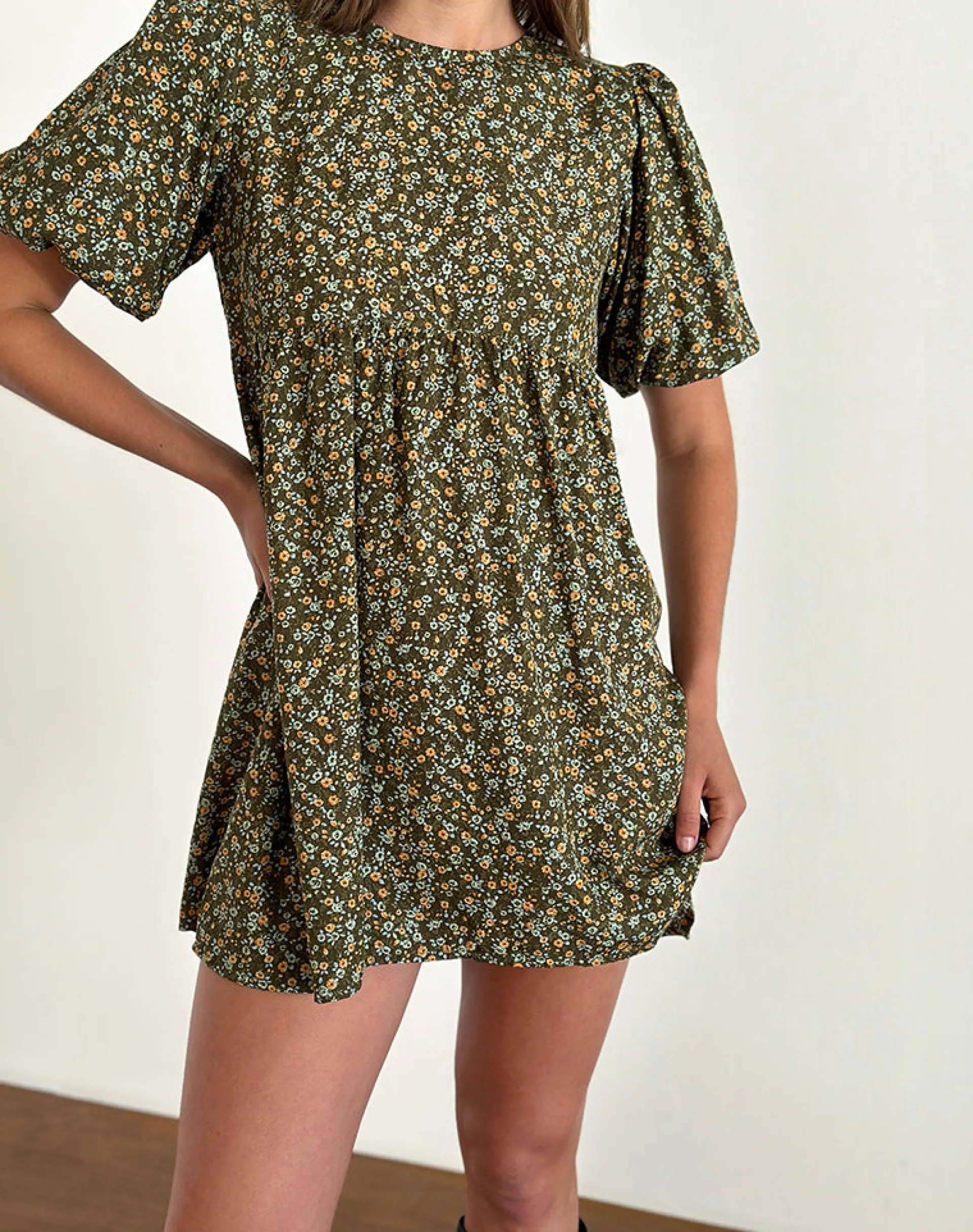 Motel Rocks Printed Dresses | Mini Dresses-Marate Puff Sleeve Mini Dress in Grunge Floral Khaki GrungeFloralKhaki