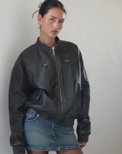 Motel Rocks Basics | Jackets-Marco Distressed Bomber Jacket in PU Black