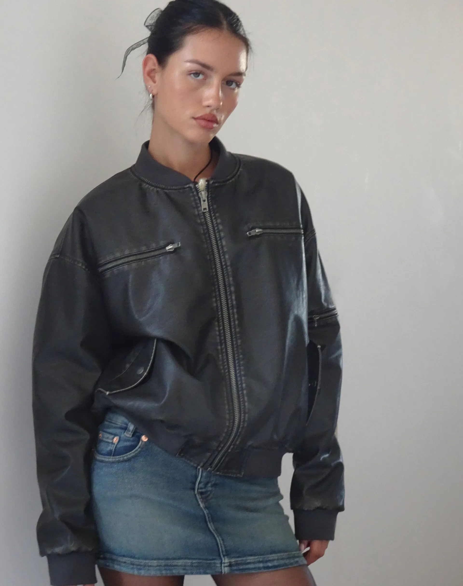 Motel Rocks Basics | Jackets-Marco Distressed Bomber Jacket in PU Black