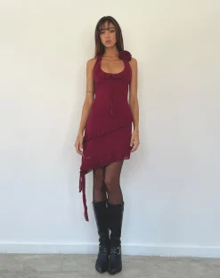Motel Rocks Mini Dresses-Margaret Ruffle Mini Dress in Plum Chiffon with Rosette PlumChiffon