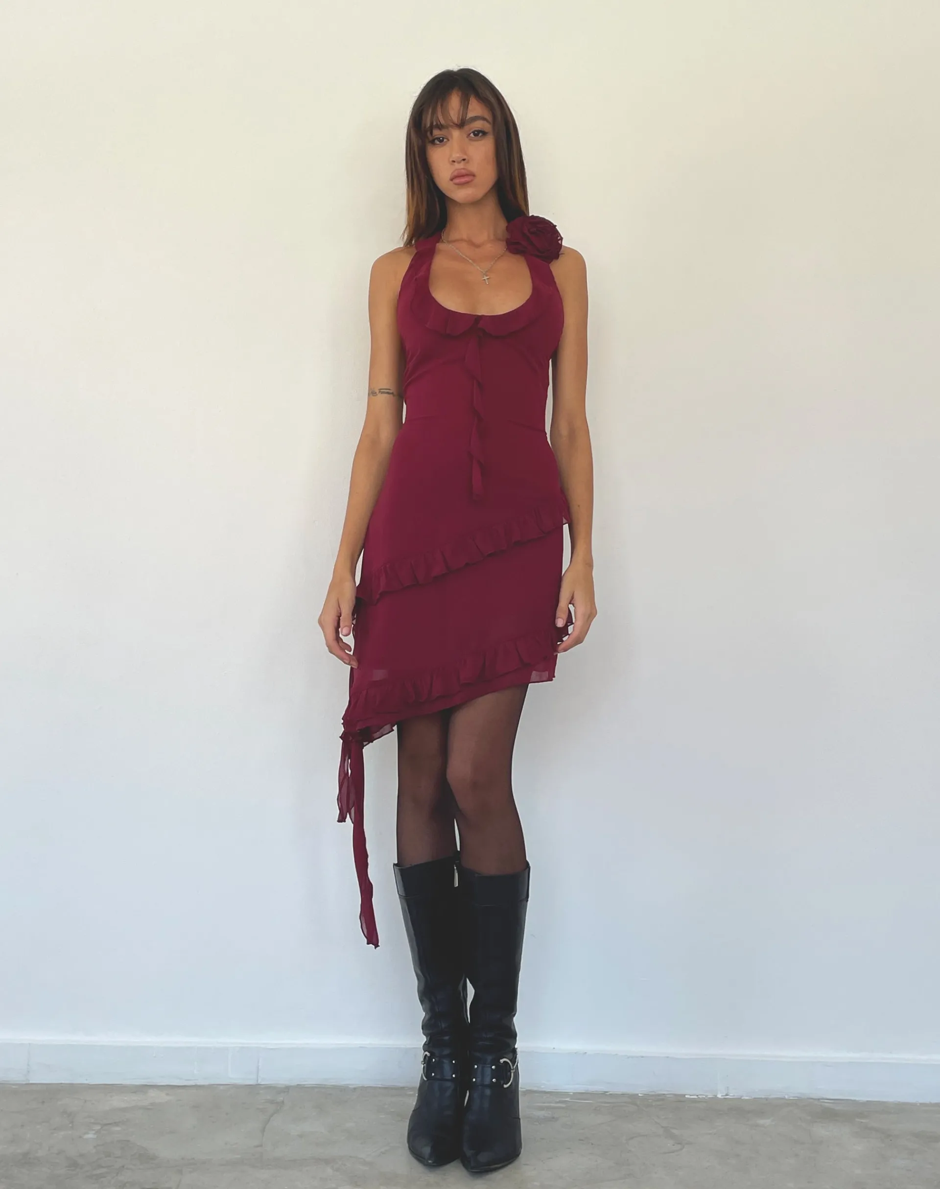 Motel Rocks Mini Dresses-Margaret Ruffle Mini Dress in Plum Chiffon with Rosette PlumChiffon