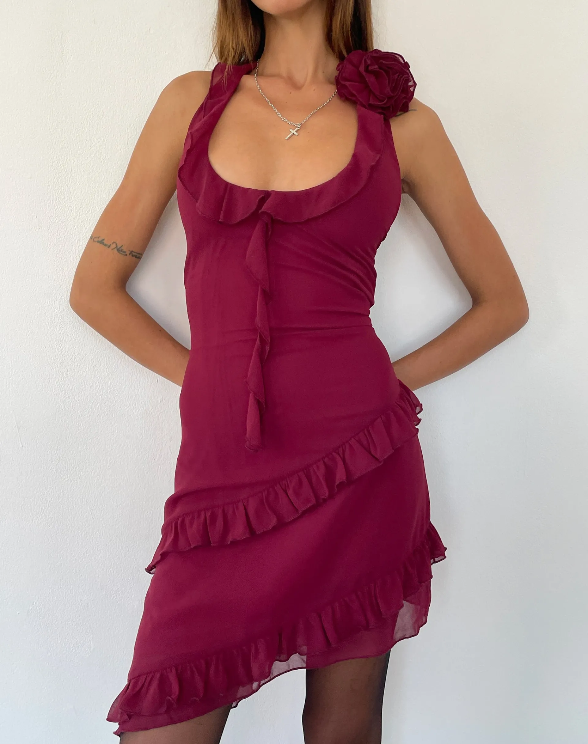 Motel Rocks Mini Dresses-Margaret Ruffle Mini Dress in Plum Chiffon with Rosette PlumChiffon