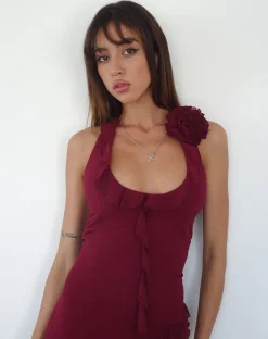 Motel Rocks Mini Dresses-Margaret Ruffle Mini Dress in Plum Chiffon with Rosette PlumChiffon