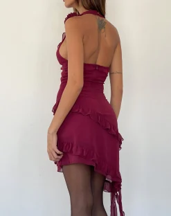 Motel Rocks Mini Dresses-Margaret Ruffle Mini Dress in Plum Chiffon with Rosette PlumChiffon