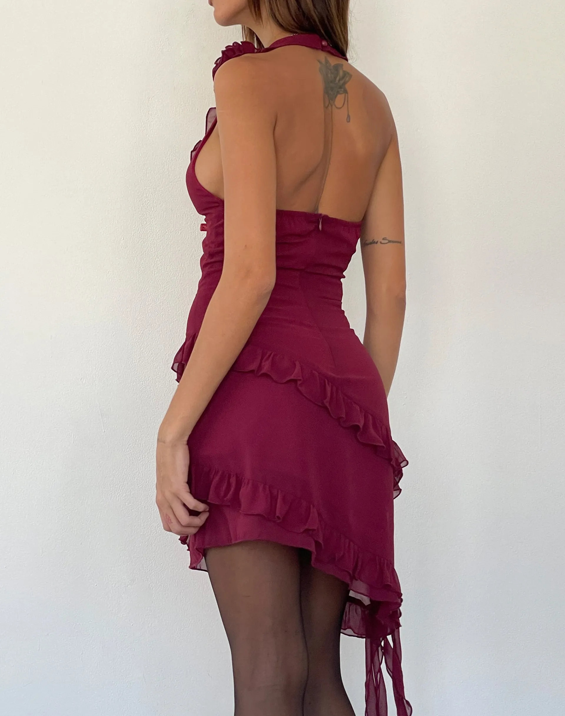 Motel Rocks Mini Dresses-Margaret Ruffle Mini Dress in Plum Chiffon with Rosette PlumChiffon