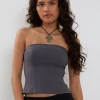 Motel Rocks Bandeau Tops-Maribaya Longline Corset Top in Soft Tailoring charcoal