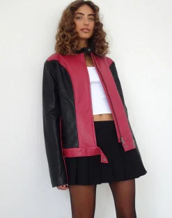 Motel Rocks Pu Jackets-Marion PU Biker Jacket in Red with Black Panels RedwithBlackPanels