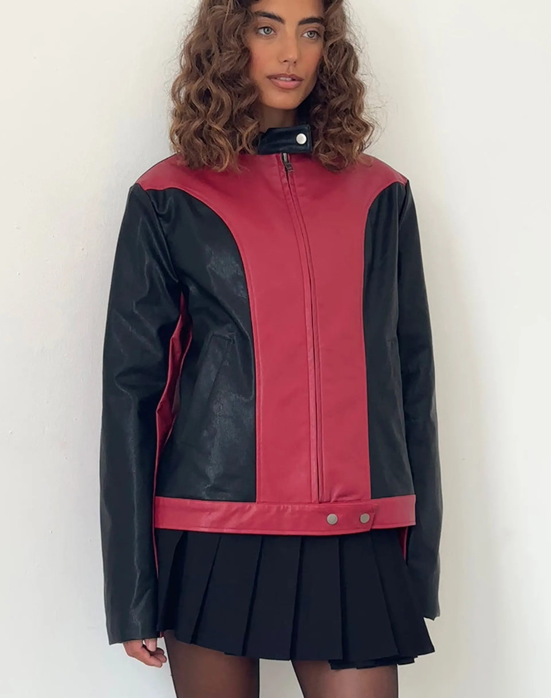 Motel Rocks Pu Jackets-Marion PU Biker Jacket in Red with Black Panels RedwithBlackPanels