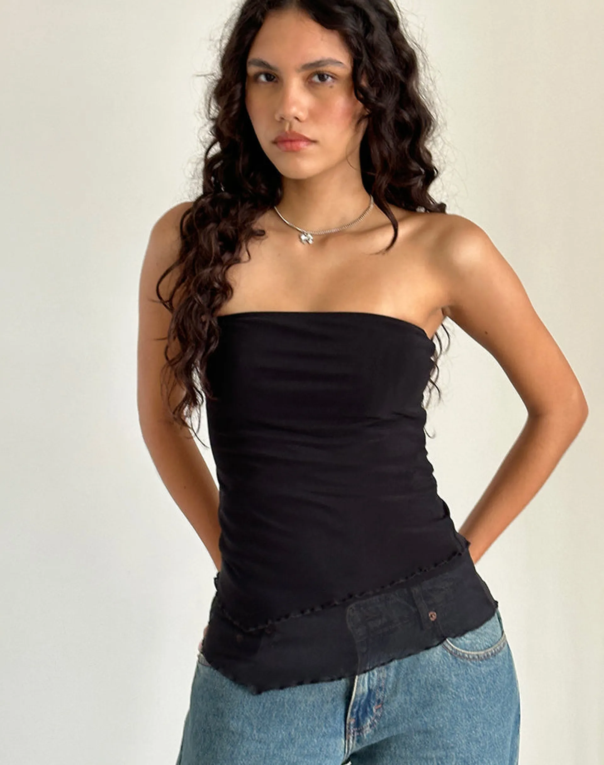 Motel Rocks Basic Tops | Bandeau Tops-Marissa Longline Asymmetrical Tube Top in Black