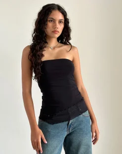 Motel Rocks Basic Tops | Bandeau Tops-Marissa Longline Asymmetrical Tube Top in Black