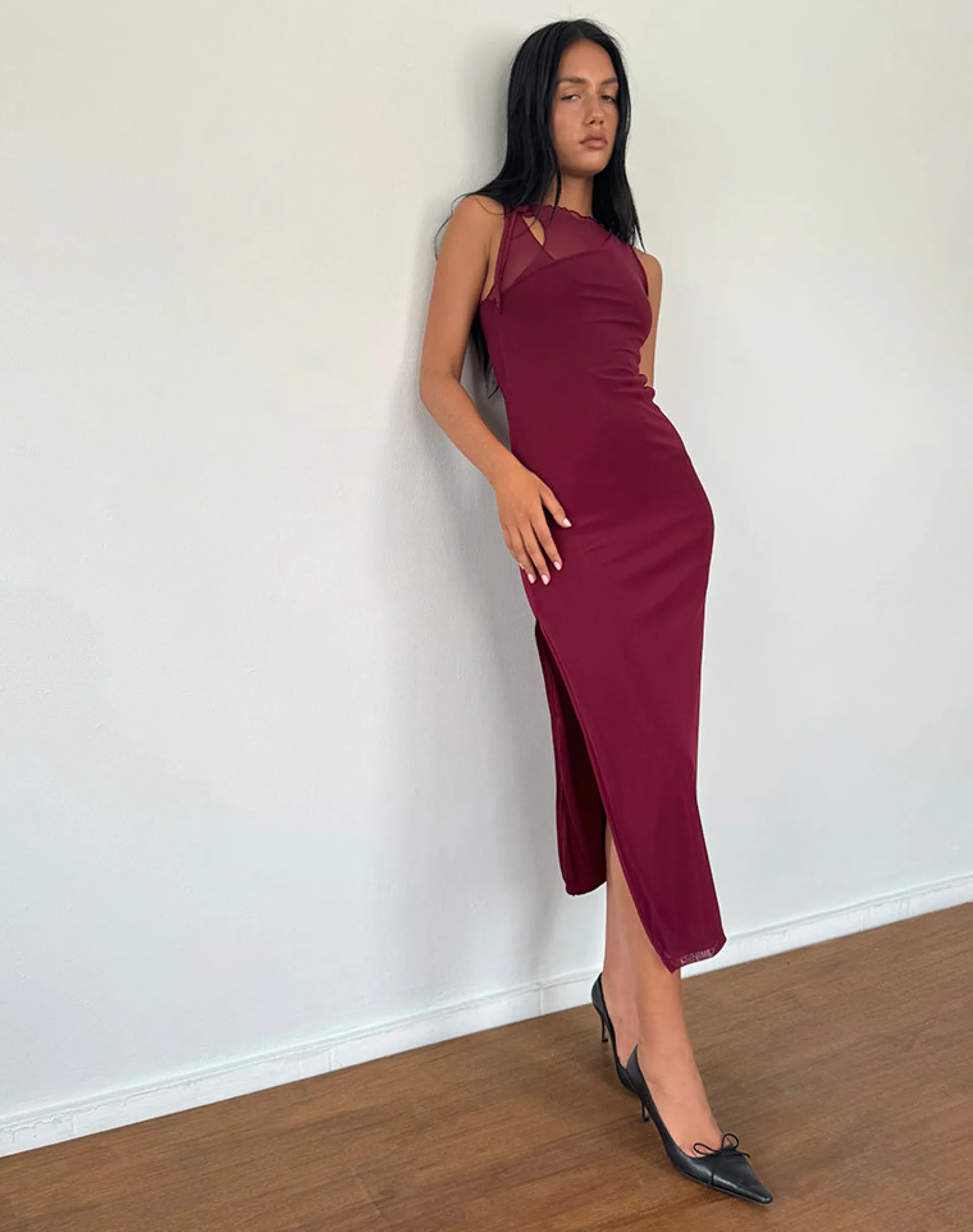 Motel Rocks Basics | Day Dresses-Marlo Asymmetric Midi Dress in Burgundy
