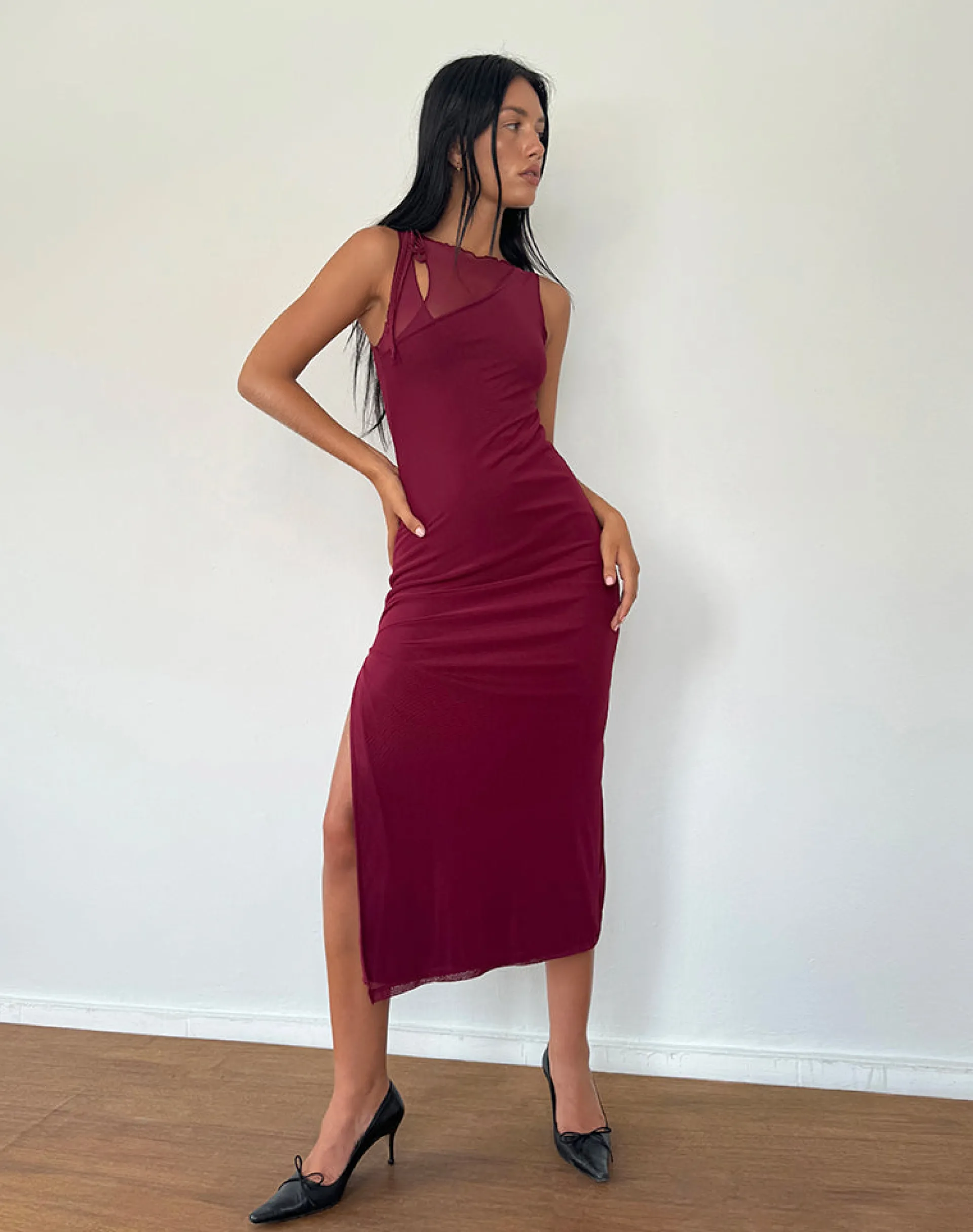 Motel Rocks Basics | Day Dresses-Marlo Asymmetric Midi Dress in Burgundy