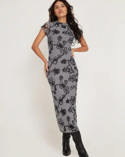 Motel Rocks Printed Dresses-Maruza Midi Dress in Mesh Doodle Flower Grey DoodleFlowerGrey
