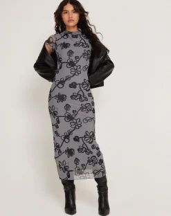 Motel Rocks Printed Dresses-Maruza Midi Dress in Mesh Doodle Flower Grey DoodleFlowerGrey