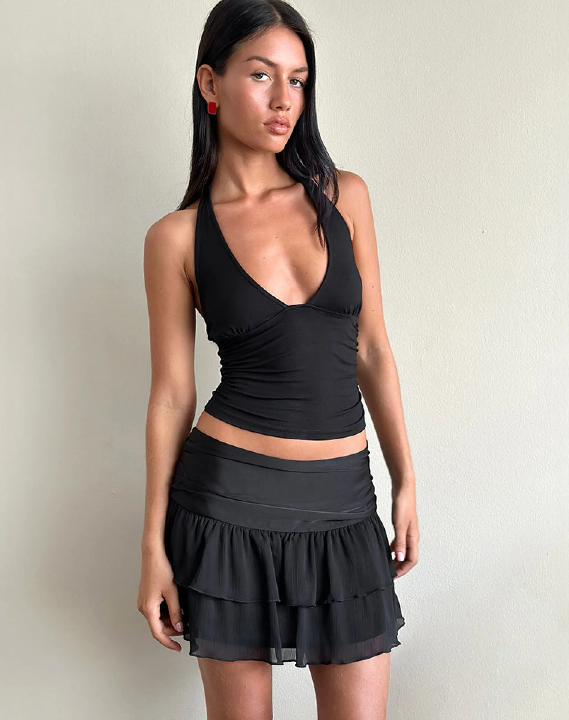 Motel Rocks Mini Skirts-Masama Frill Mini Skirt in Black Satin and Chiffon