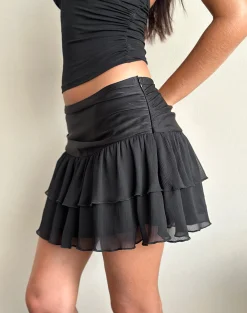Motel Rocks Mini Skirts-Masama Frill Mini Skirt in Black Satin and Chiffon