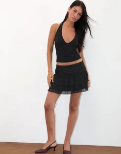 Motel Rocks Mini Skirts-Masama Frill Mini Skirt in Black Satin and Chiffon