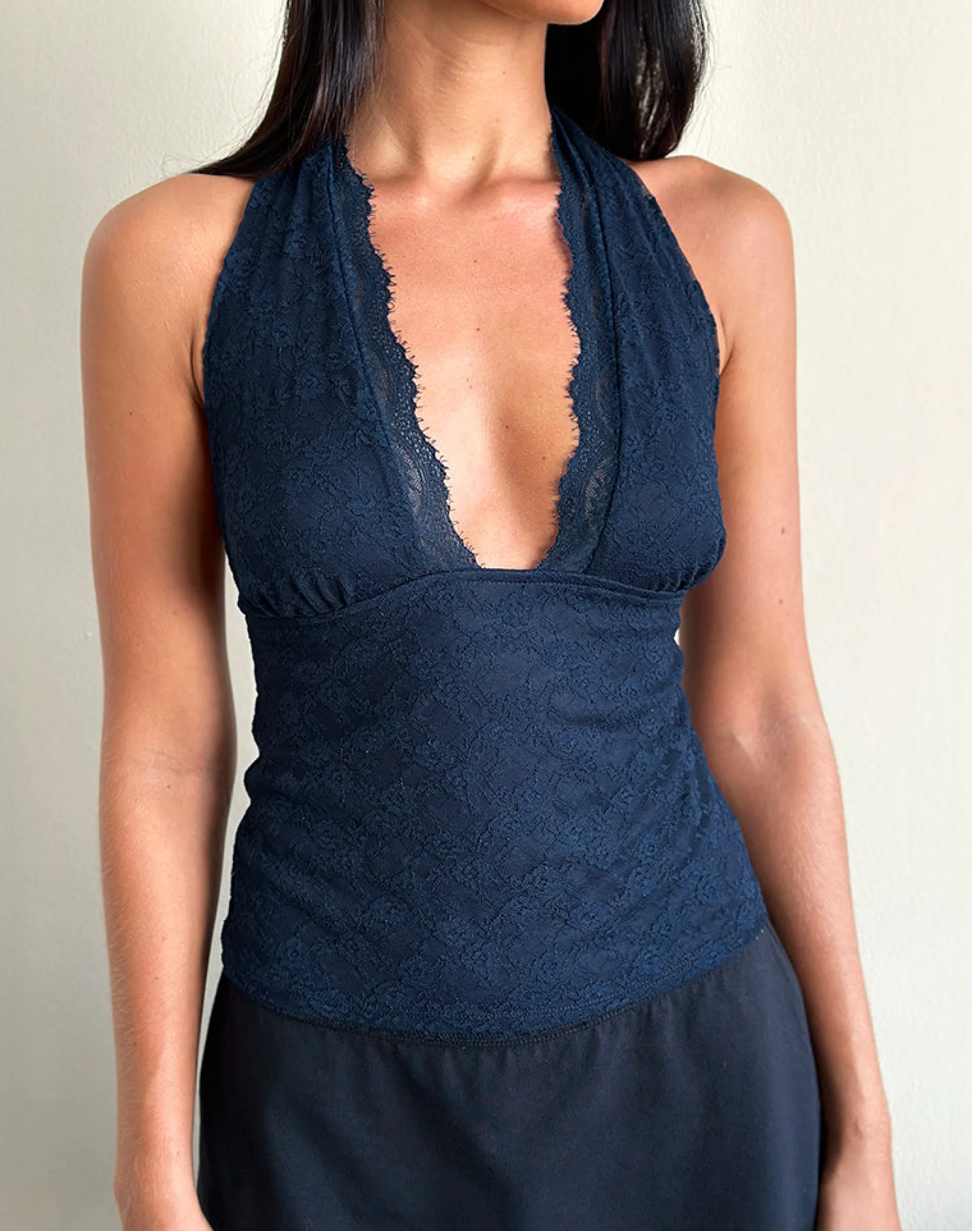Motel Rocks Halterneck Tops | Lace Tops-Matua Halter Top in Clover Lace Navy CloverLaceNavy