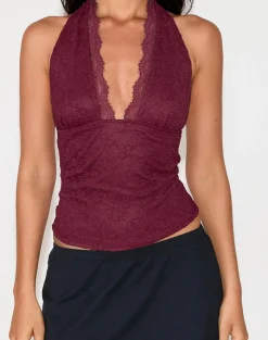 Motel Rocks Halterneck Tops | Going Out Tops-Matua Halter Top in Clover Lace Maroon CloverLaceMaroon