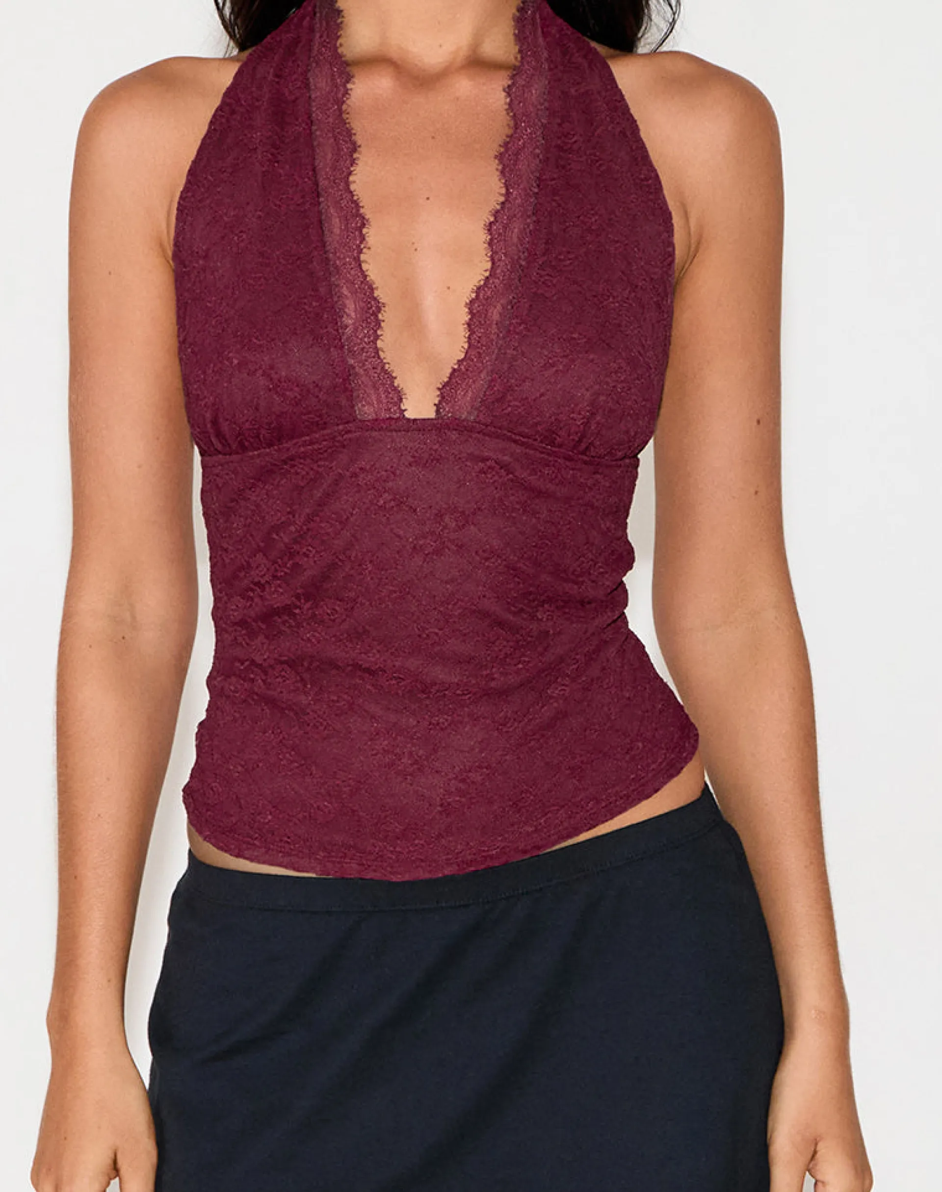 Motel Rocks Halterneck Tops | Going Out Tops-Matua Halter Top in Clover Lace Maroon CloverLaceMaroon