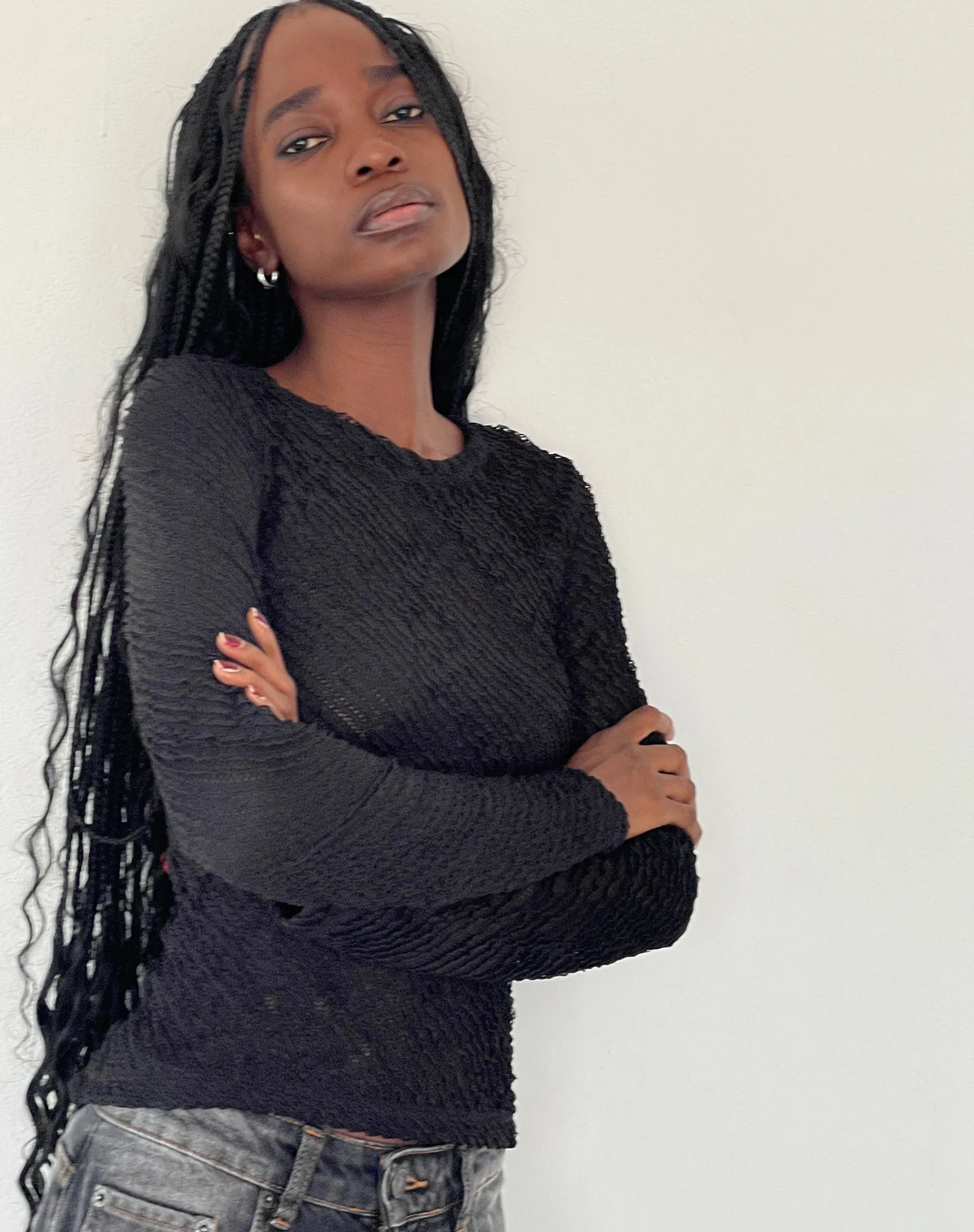 Motel Rocks Long Sleeve Tops-Maya Long Sleeve Top in Textured Black