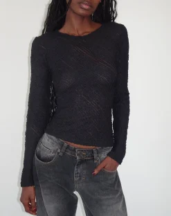Motel Rocks Long Sleeve Tops-Maya Long Sleeve Top in Textured Black