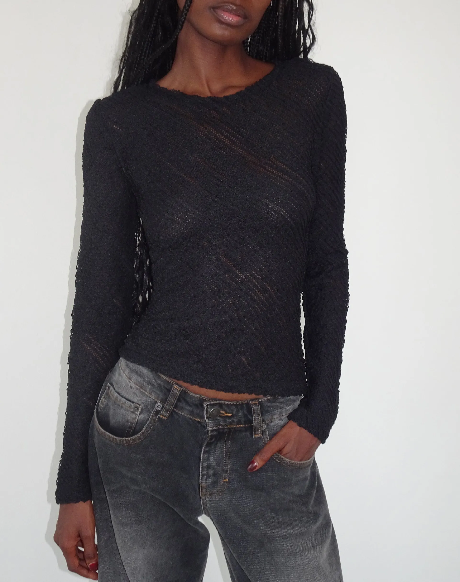 Motel Rocks Long Sleeve Tops-Maya Long Sleeve Top in Textured Black