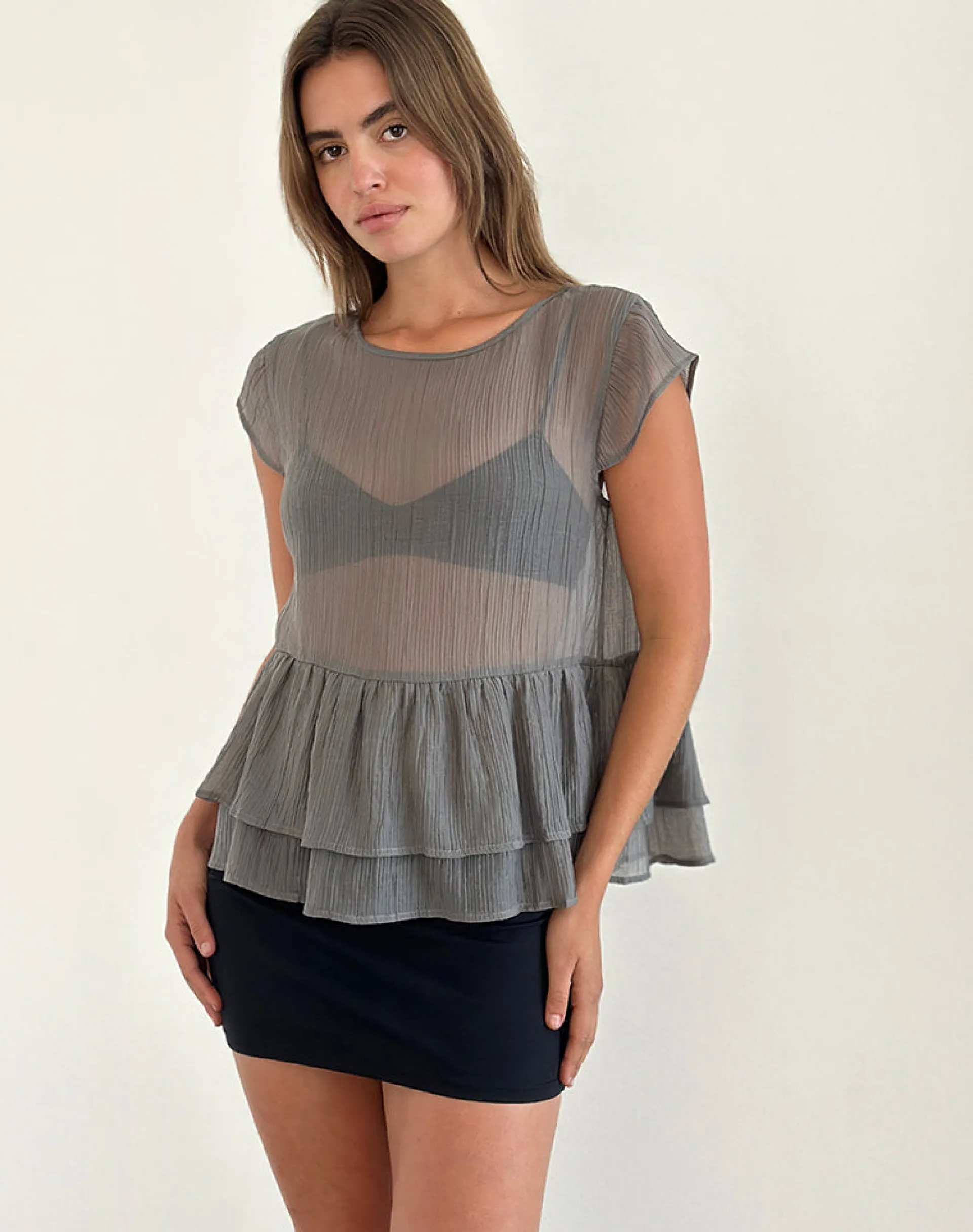 Motel Rocks Tailoring-Mayumi Peplum Top in Chiffon Grey ChiffonGrey