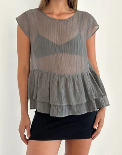 Motel Rocks Tailoring-Mayumi Peplum Top in Chiffon Grey ChiffonGrey
