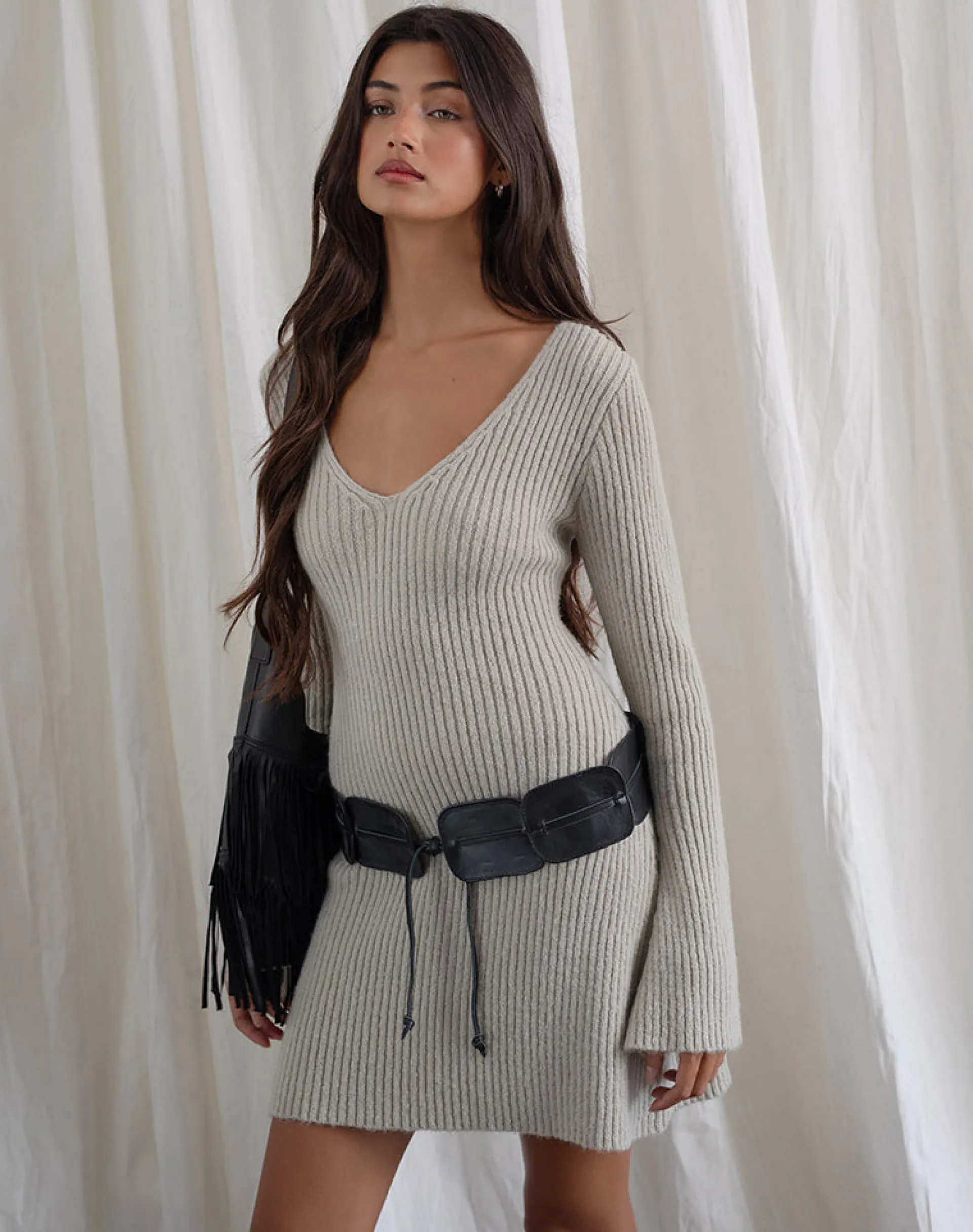 Motel Rocks Bodycon Dresses | Long Sleeve Dresses-Meghan Dress in Wider Rib Knit Ecru